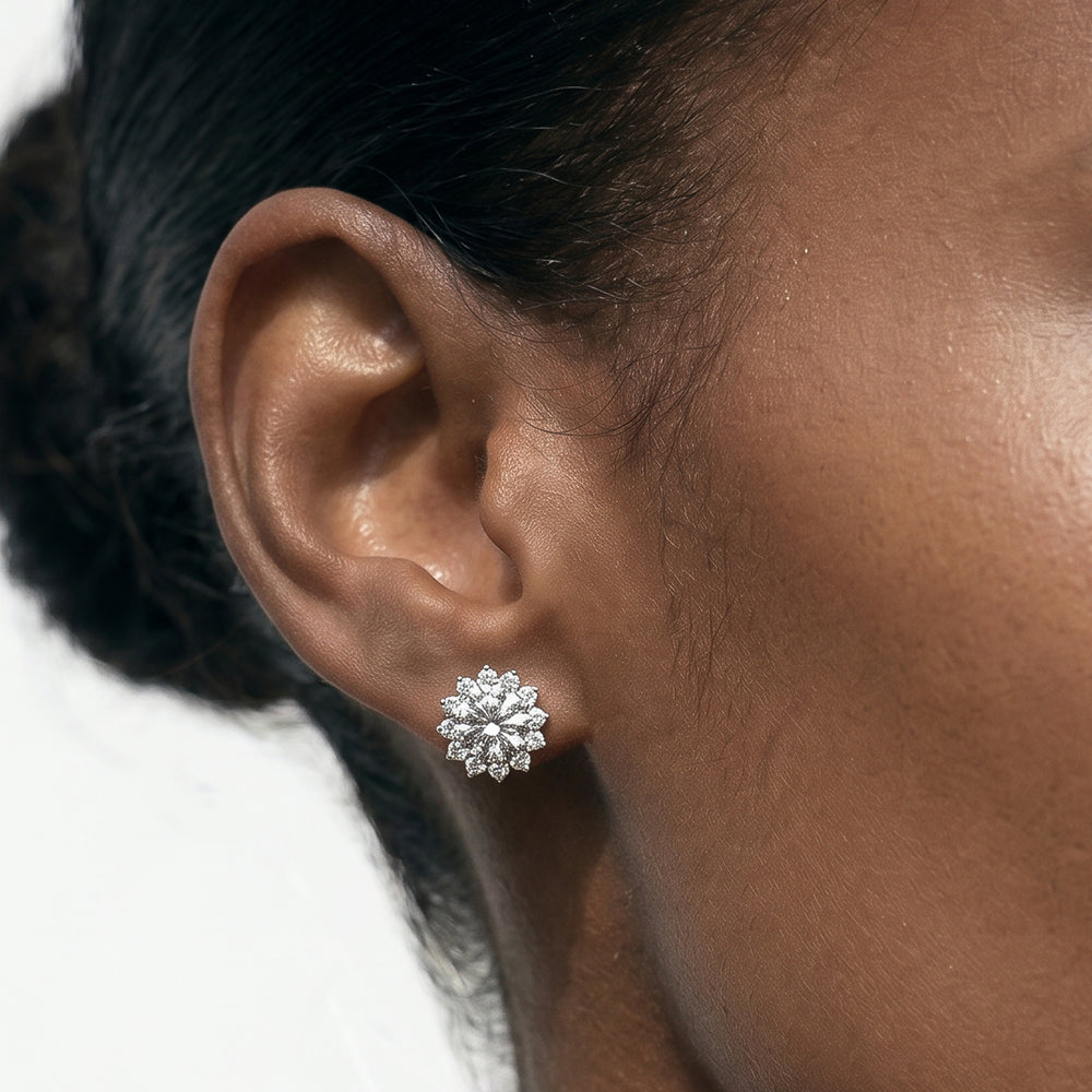 Flower Halo Diamond Earrings with 14KT Yellow Gold / Lab / 3 3/4 Cut Diamond in 14KT Yellow Gold / Lab / 3 3/4 view 2
