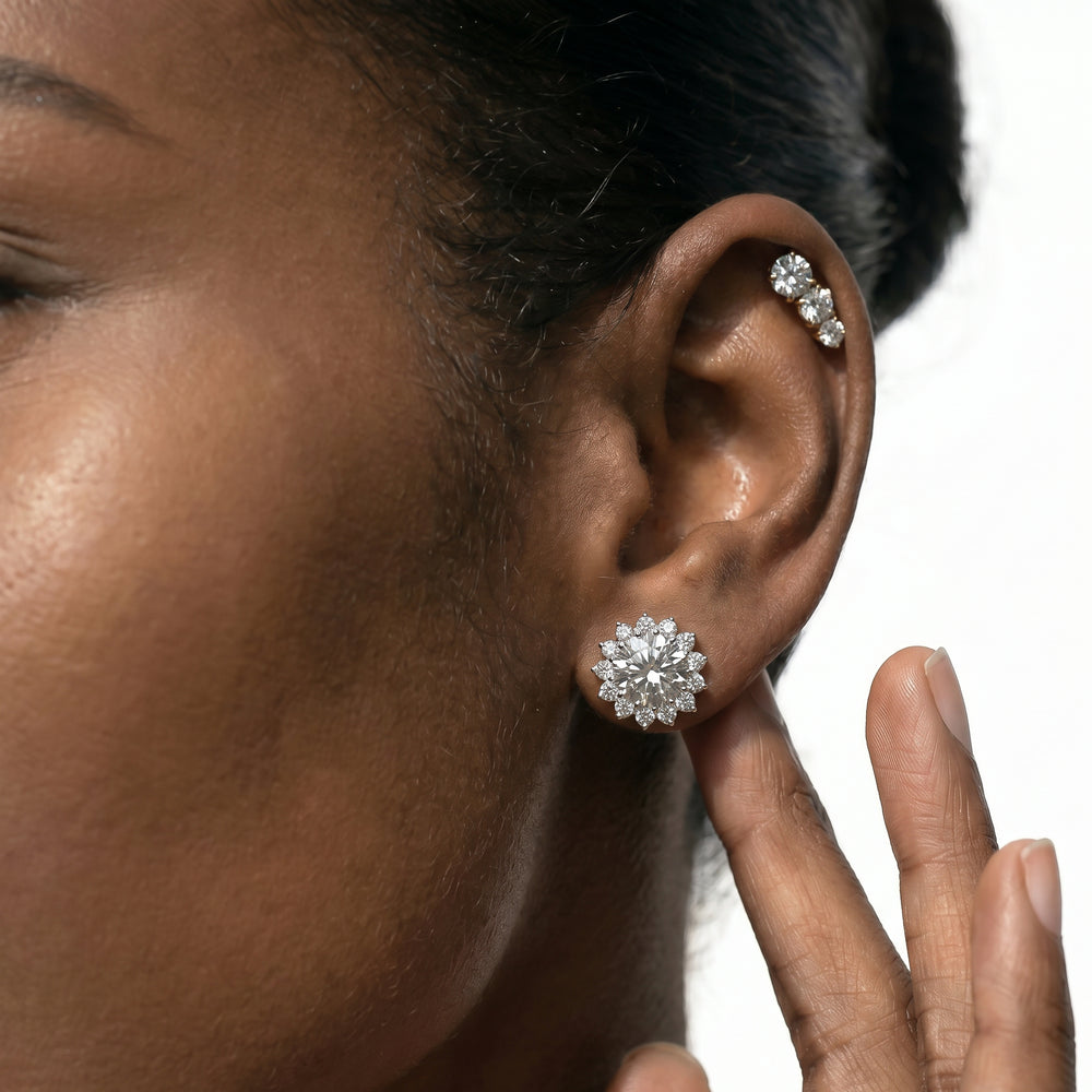Flower Halo Diamond Earrings with 14KT Rose Gold / Lab / 3 3/4 Cut Diamond in 14KT Rose Gold / Lab / 3 3/4 view 3
