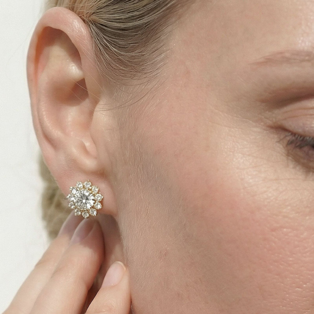 Flower Halo Diamond Earrings with 14KT Yellow Gold / Lab / 2 1/2 Cut Diamond in 14KT Yellow Gold / Lab / 2 1/2 view 2
