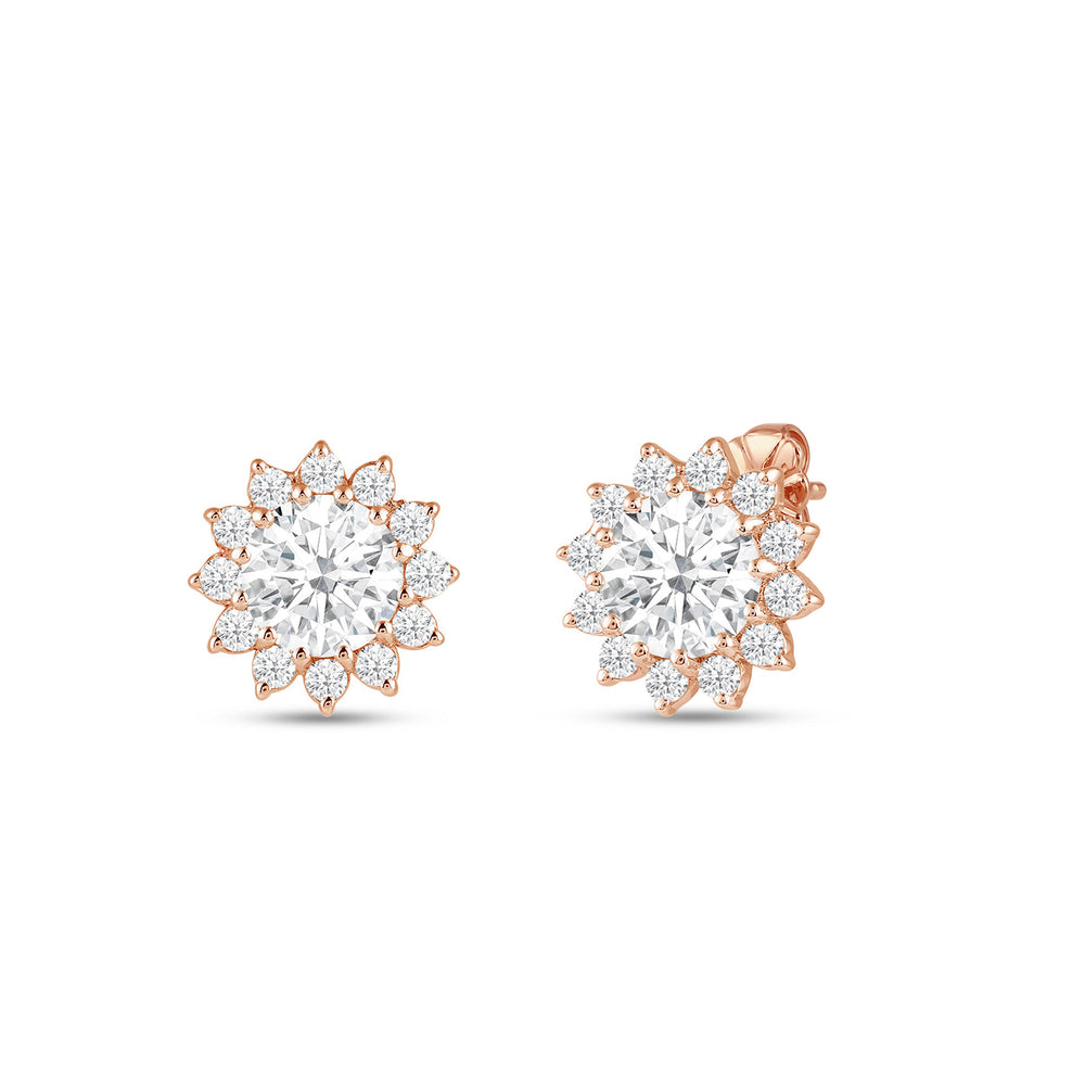 Flower Halo Diamond Earrings with 14KT Rose Gold / Lab / 3/4 Cut Diamond in 14KT Rose Gold / Lab / 3/4 view 2

