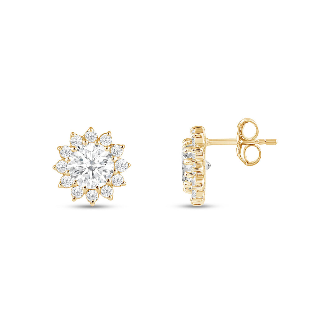 Flower Halo Diamond Earrings with 14KT Yellow Gold / Lab / 3/4 Cut Diamond in 14KT Yellow Gold / Lab / 3/4 view 6
