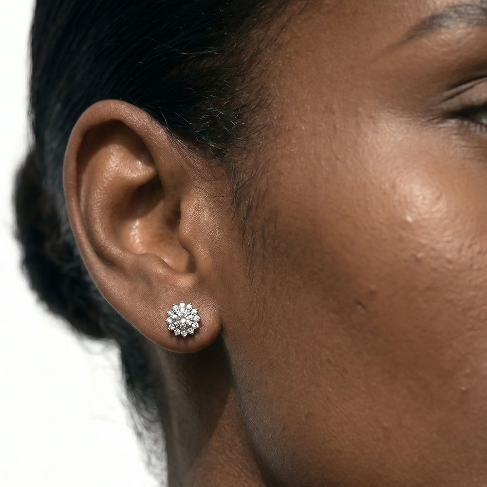 Flower Halo Diamond Earrings with 14KT Rose Gold / Lab / 3/4 Cut Diamond in 14KT Rose Gold / Lab / 3/4 view 3
