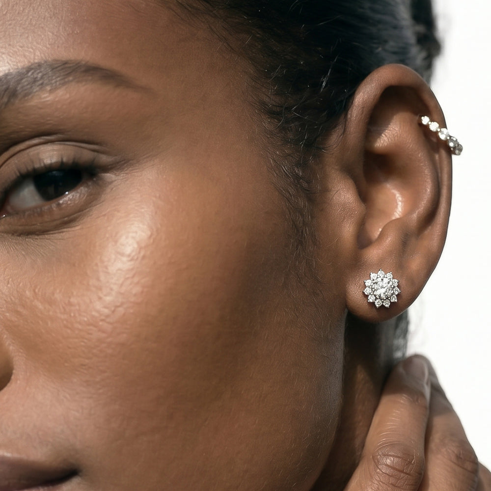 Flower Halo Diamond Earrings with 14KT Rose Gold / Lab / 3/4 Cut Diamond in 14KT Rose Gold / Lab / 3/4 view 4
