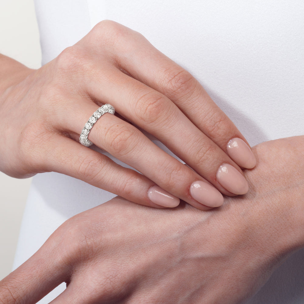 Model Wearing Split Prong Basket Eternity Ring view