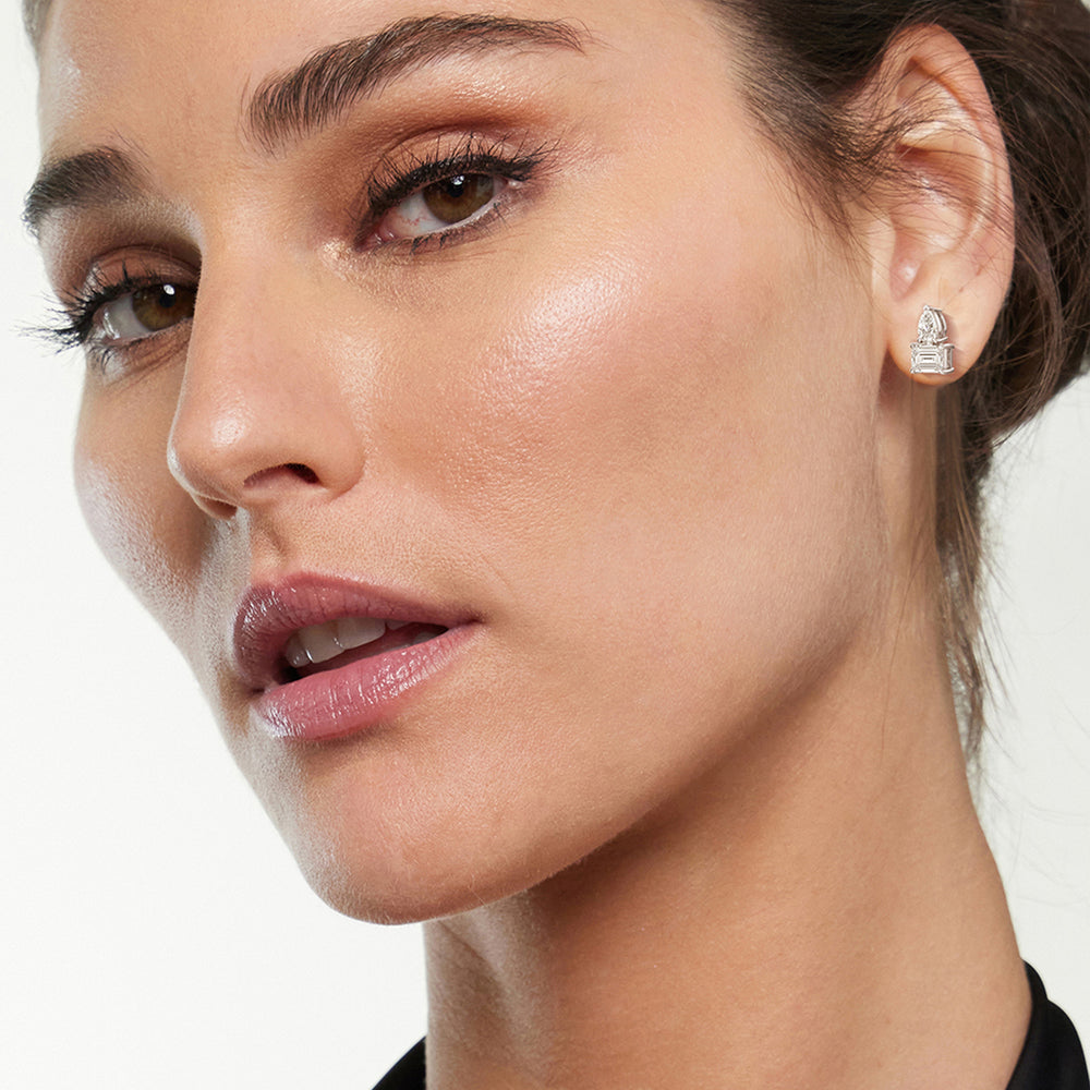 Model Wearing Toi et Moi Pear Emerald Linear Earrings view