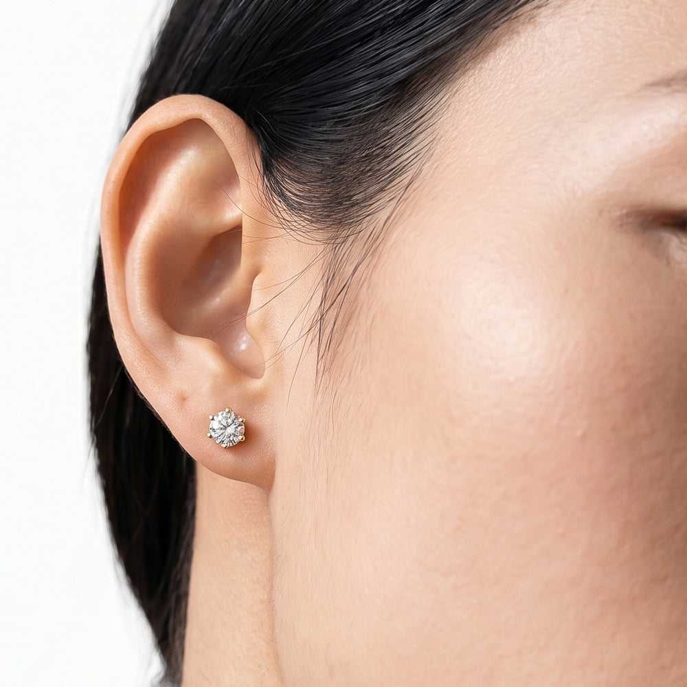 Round Diamond Six Prong Stud Earrings (F/G SI+) with 14KT Yellow Gold / Lab / 1 Cut Diamond in 14KT Yellow Gold / Lab / 1 view 2

