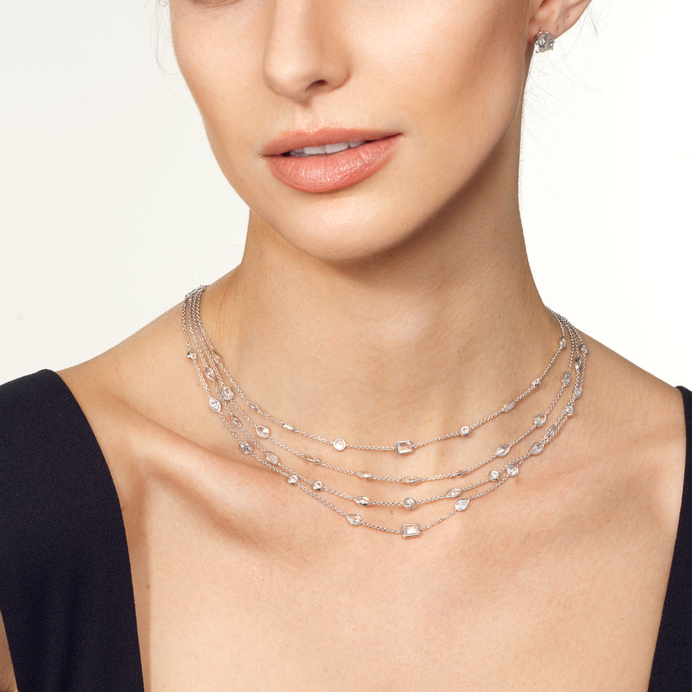 Model Wearing Five Layer Multi Shape Bezel Station Necklace view
