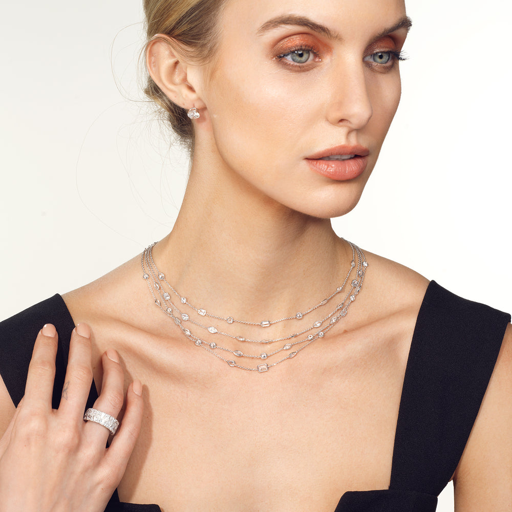 Model Wearing Five Layer Multi Shape Bezel Station Necklace view