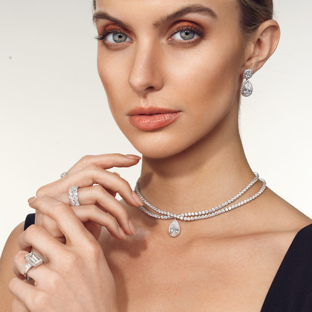 Model Wearing Teardrop Crossover Diamond Choker Necklace view