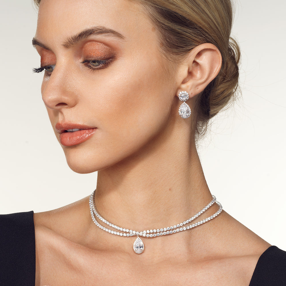 Model Wearing Teardrop Crossover Diamond Choker Necklace view