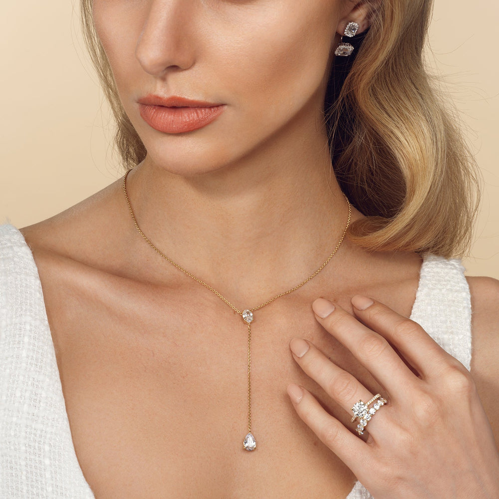 Oval and Teardrop Lariat Station Necklace with 14KT Yellow Gold / Lab / 2 1/2 Cut Diamond in 14KT Yellow Gold / Lab / 2 1/2 view 3
