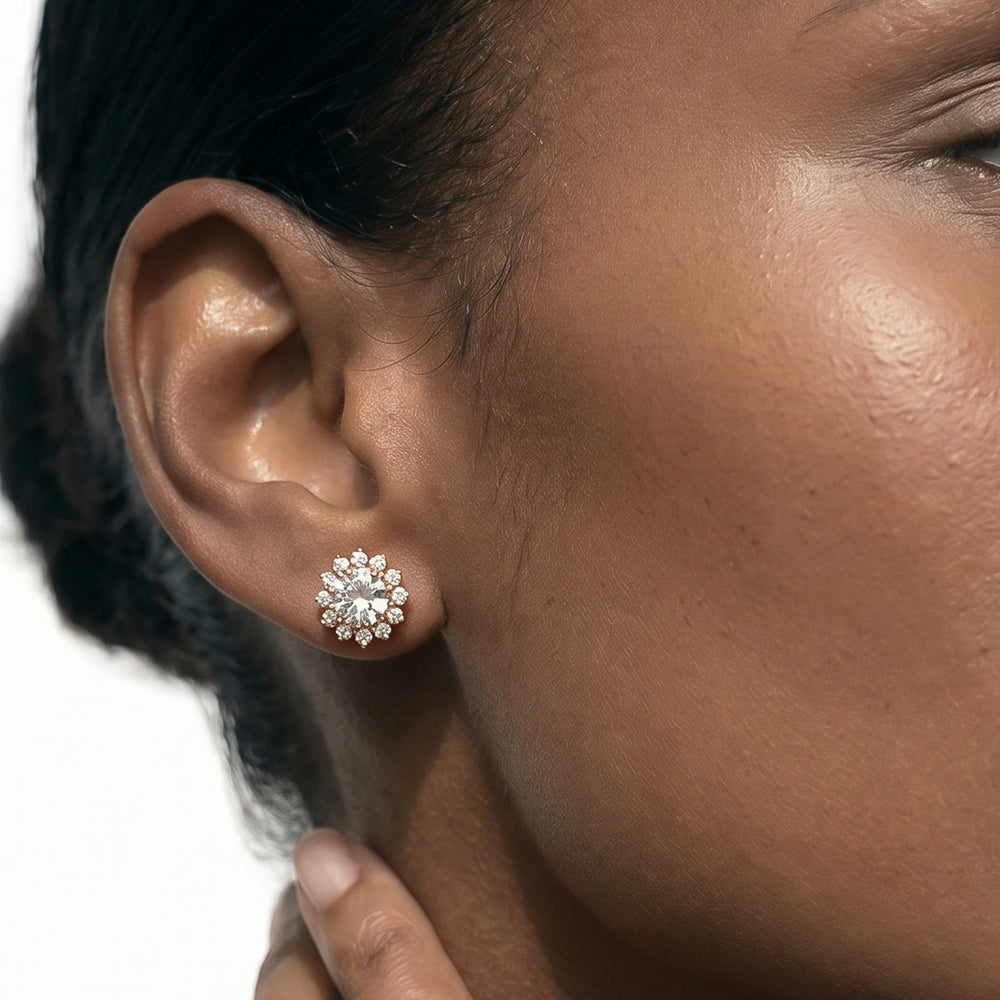 Flower Halo Diamond Earrings with 14KT White Gold / Lab / 1 3/4 Cut Diamond in 14KT White Gold / Lab / 1 3/4 view 3
