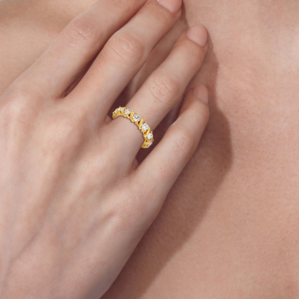 Model Wearing Round Diamond Swirl Anniversary Ring (E+ VS+) Size 8.25 view