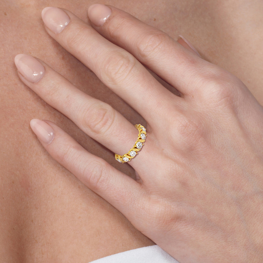 Model Wearing Round Diamond Swirl Anniversary Ring (E+ VS+) Size 8.25 view