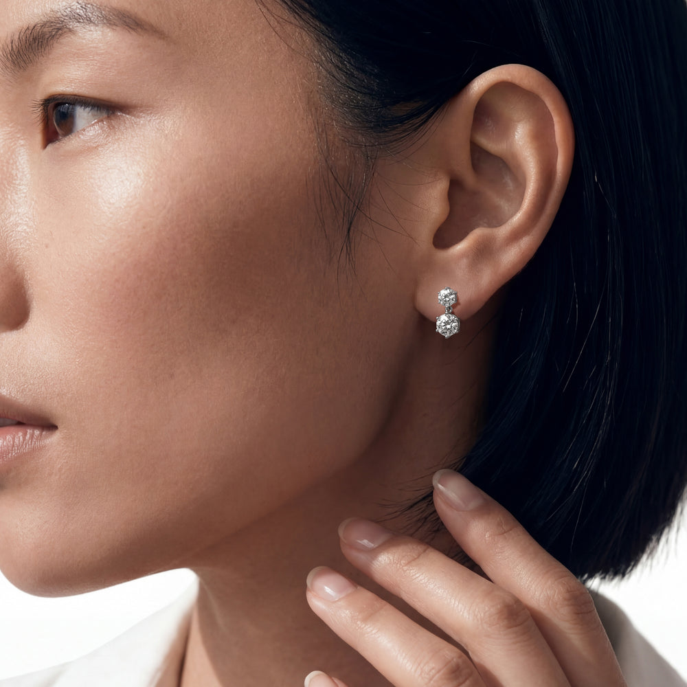 Diamond Duo Stud Earrings with 18KT White Gold / Lab / 4 Cut Diamond in 14KT White Gold / Lab / 4 view 2
