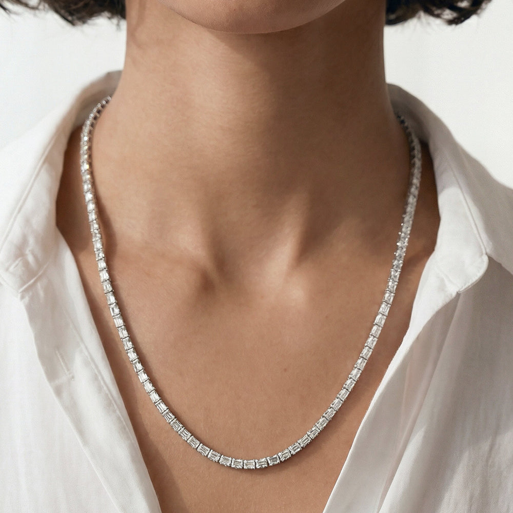 Emerald East West Diamond Tennis Necklace with 9 1/4 Cut Diamond in 14KT White Gold view 2
