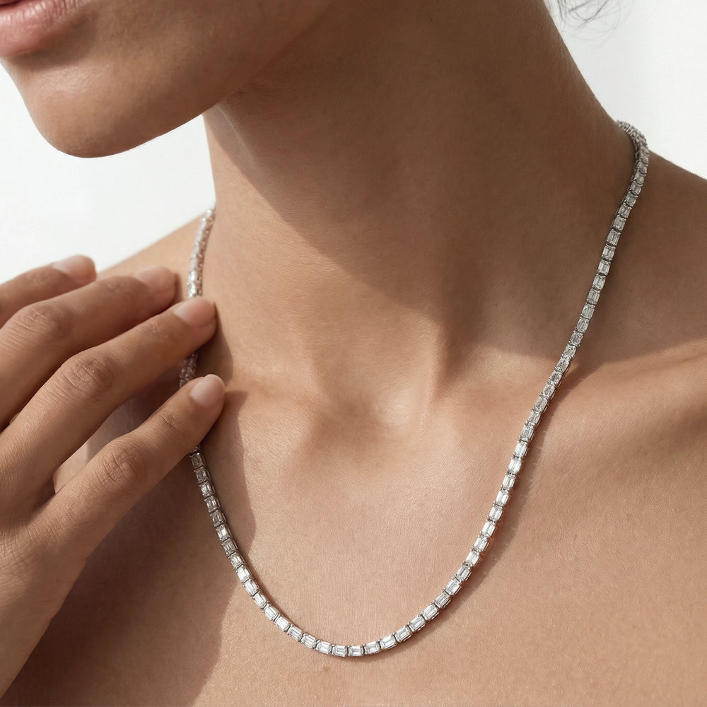 Emerald East West Diamond Tennis Necklace with 9 1/4 Cut Diamond in 14KT Rose Gold view 3
