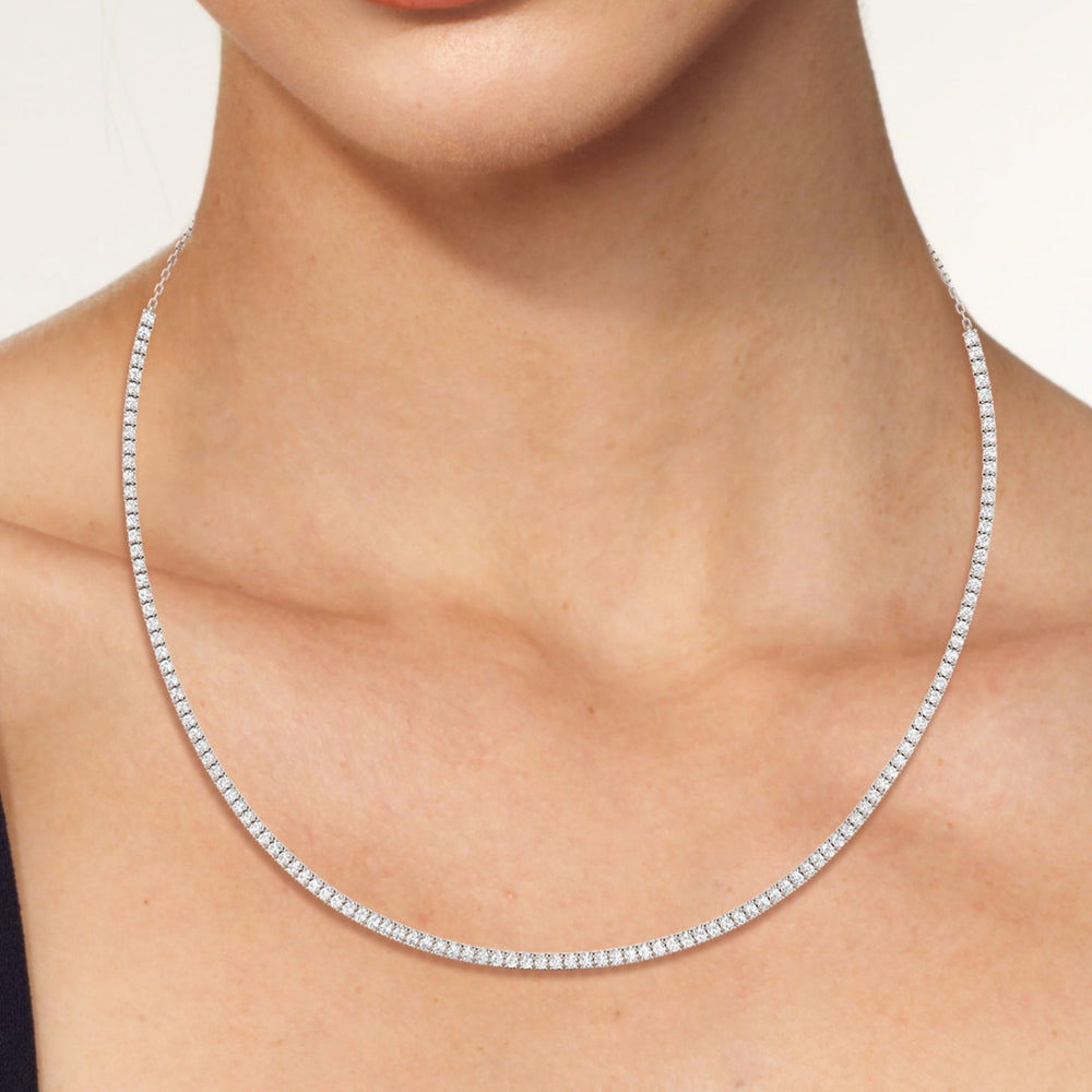 Model Wearing Four Prong Half Diamond Tennis Necklace view