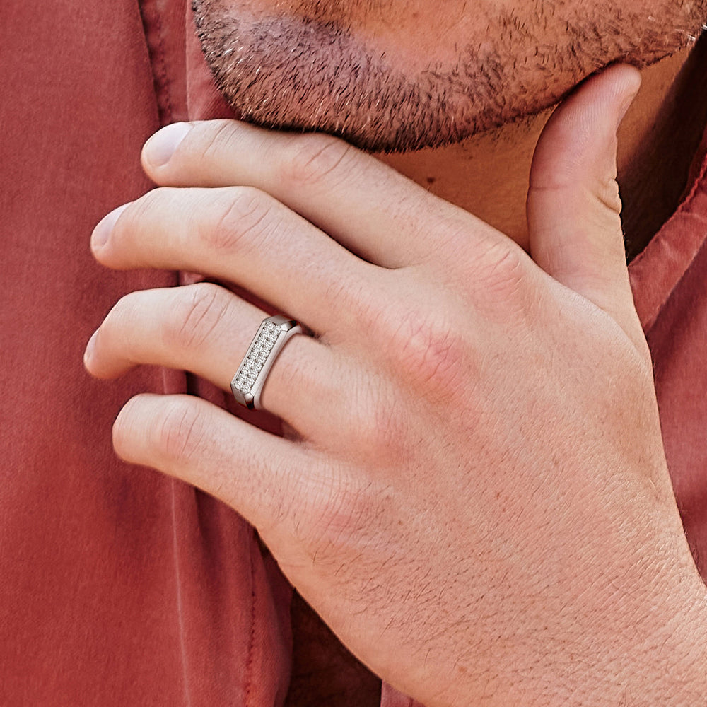 Model Wearing Octagonal Flat Top Diamond Pave Men's Ring view