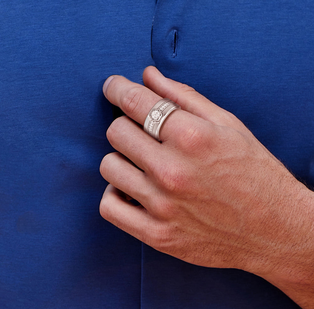Model Wearing Hexagon Diamond Ridge Men's Ring view