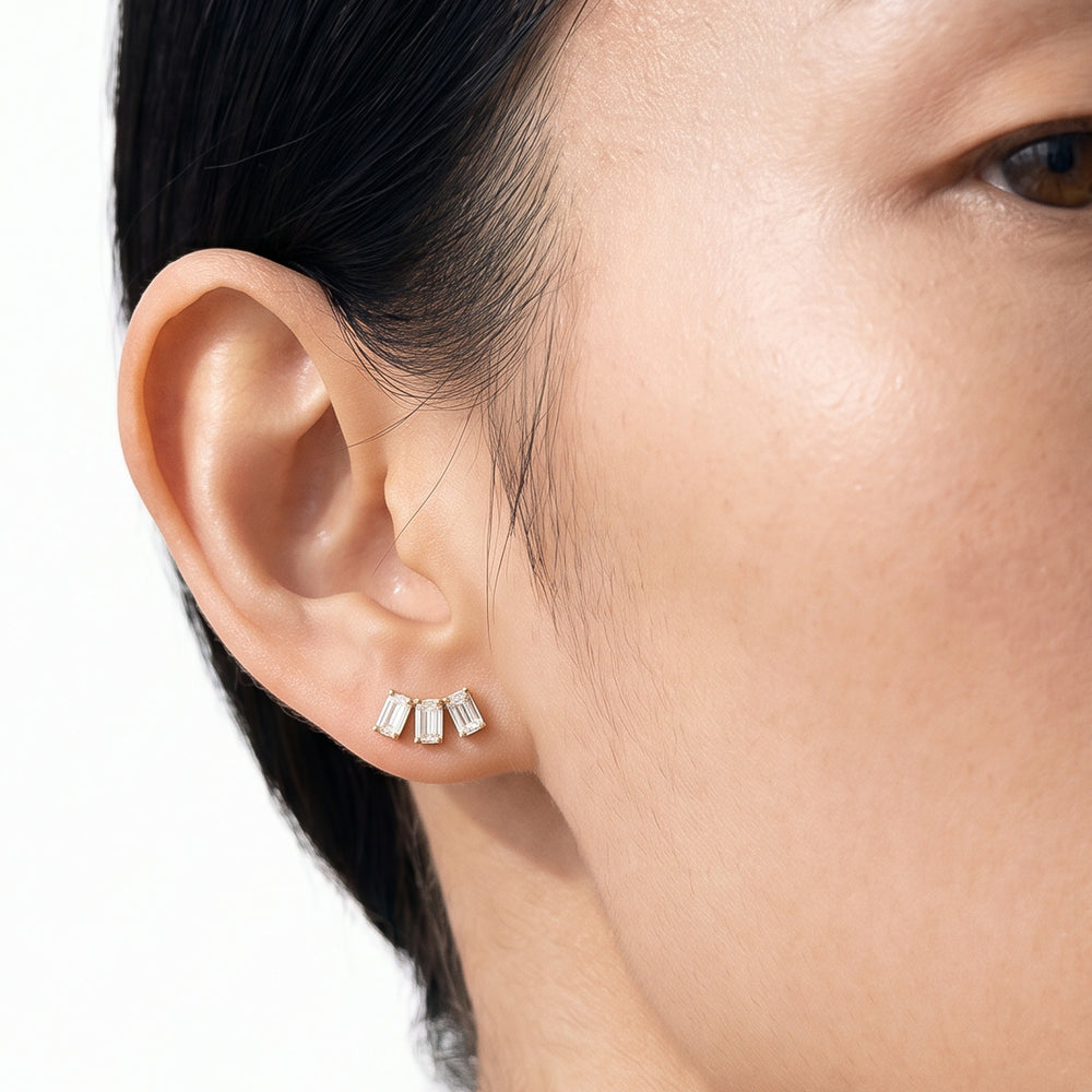 Trilogy Emerald Cut Climber Earrings with 14KT Rose Gold / Pair / 1 Cut Diamond in 14KT Rose Gold / Pair / 1 view 2
