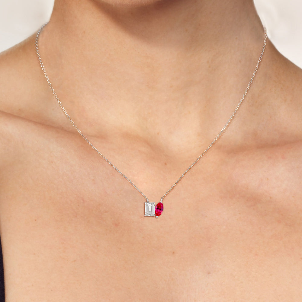 Model Wearing Toi et Moi Created Ruby Marquise and Emerald Diamond Necklace view