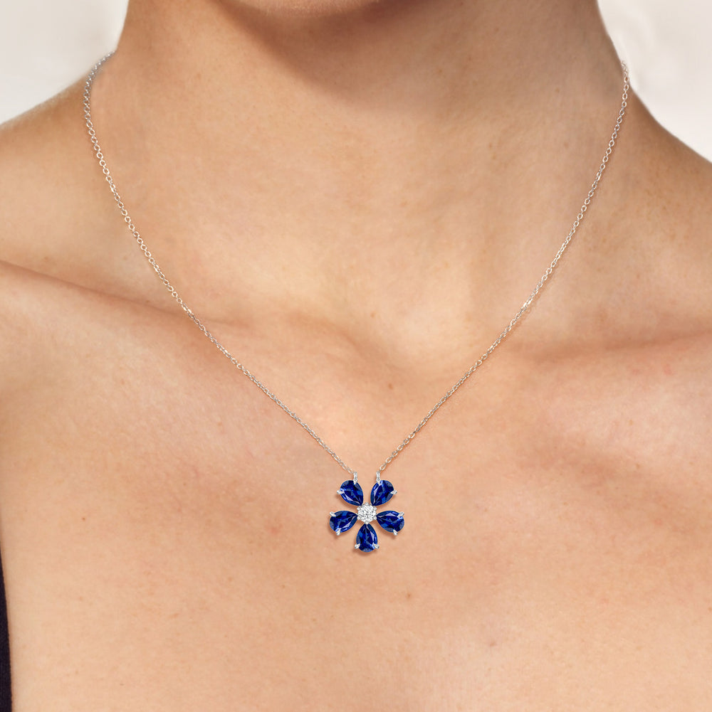 Model Wearing Sapphire and Diamond Daisy Necklace view