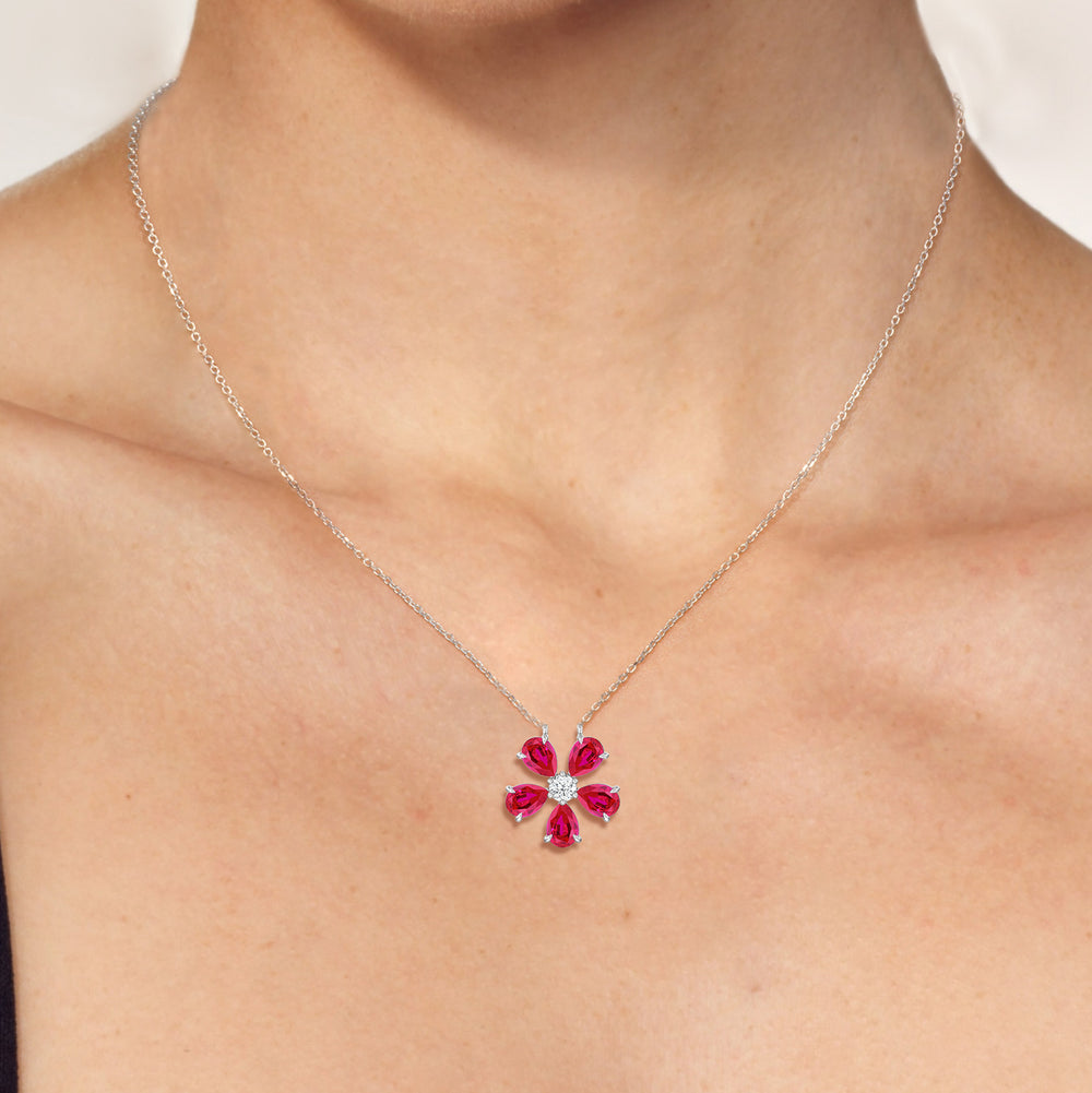 Model Wearing Ruby and Diamond Daisy Necklace view