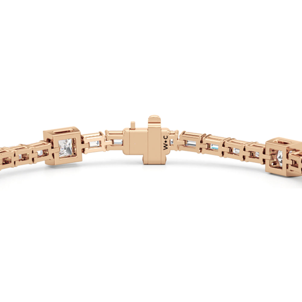 Bezeled Princess Station with Emeralds Tennis Bracelet with Lab Cut Diamond in 14KT Rose Gold view 5
