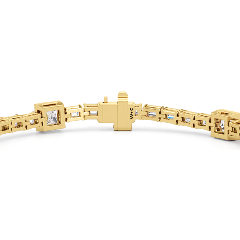 Bezeled Princess Station with Emeralds Tennis Bracelet with Lab Cut Diamond in 14KT Yellow Gold view 5
