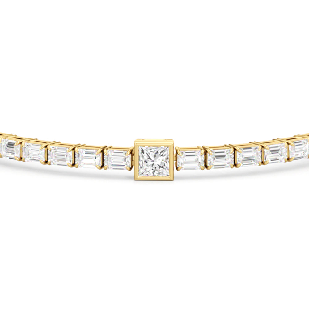 Bezeled Princess Station with Emeralds Tennis Bracelet with Lab Cut Diamond in 14KT Yellow Gold view 4
