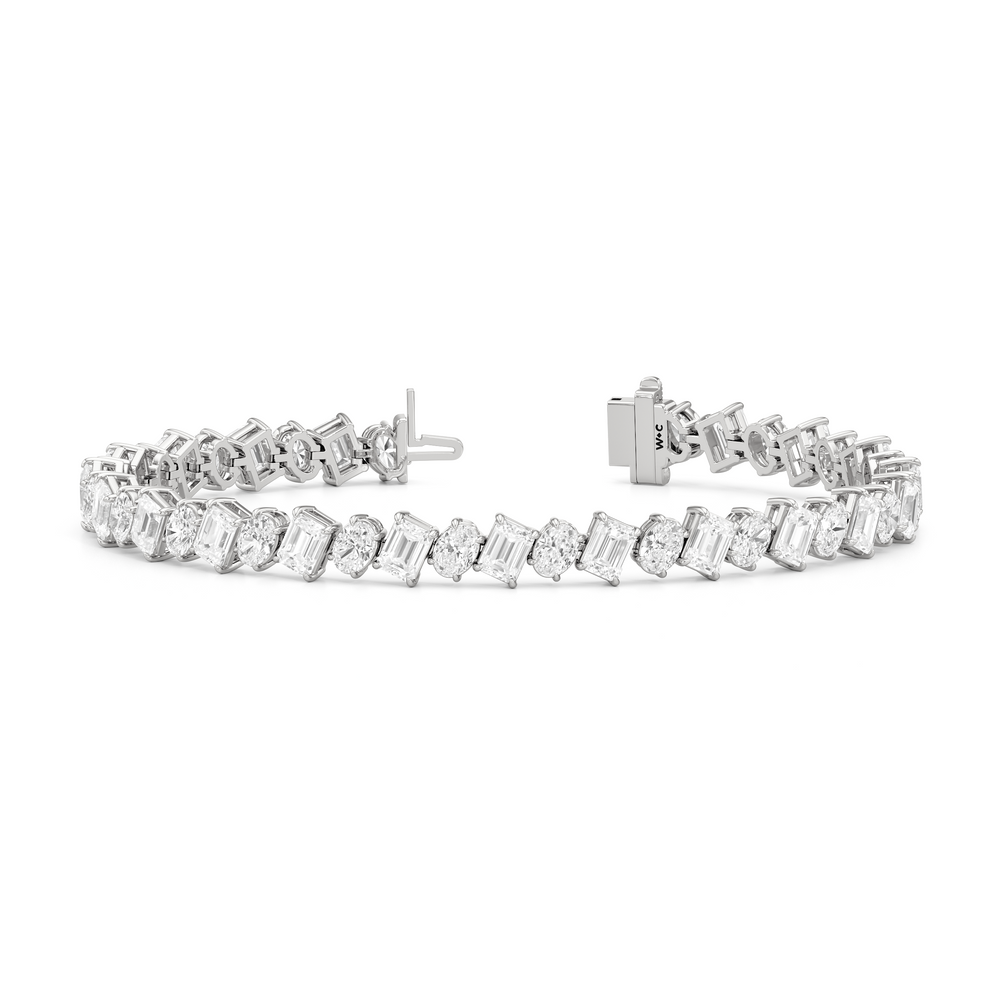 Oval and Emerald Herringbone Tennis Bracelet with 13 Cut Diamond in 14KT White Gold view 2
