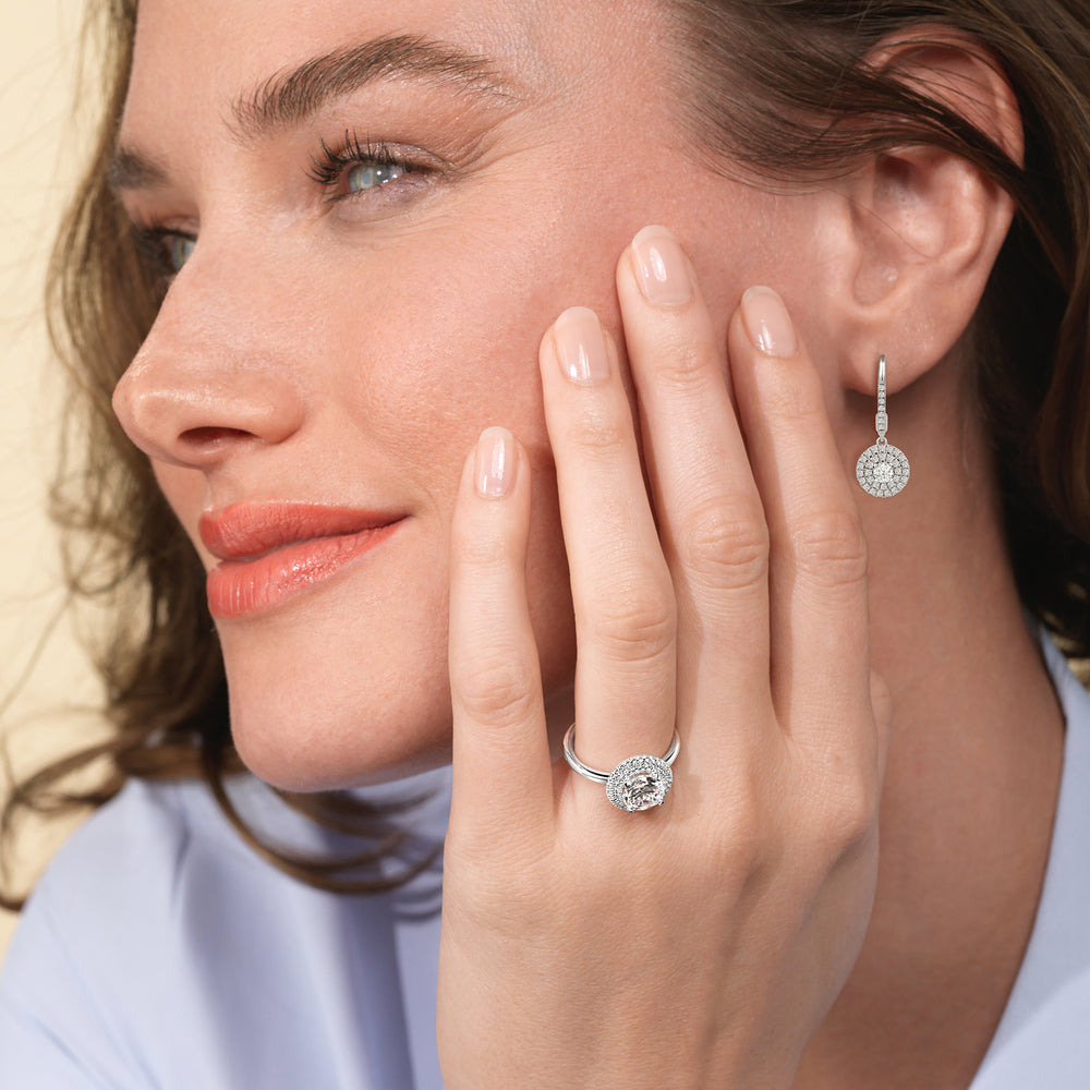 Model Wearing Double Halo Round Drop Studded Lever Back Earrings view