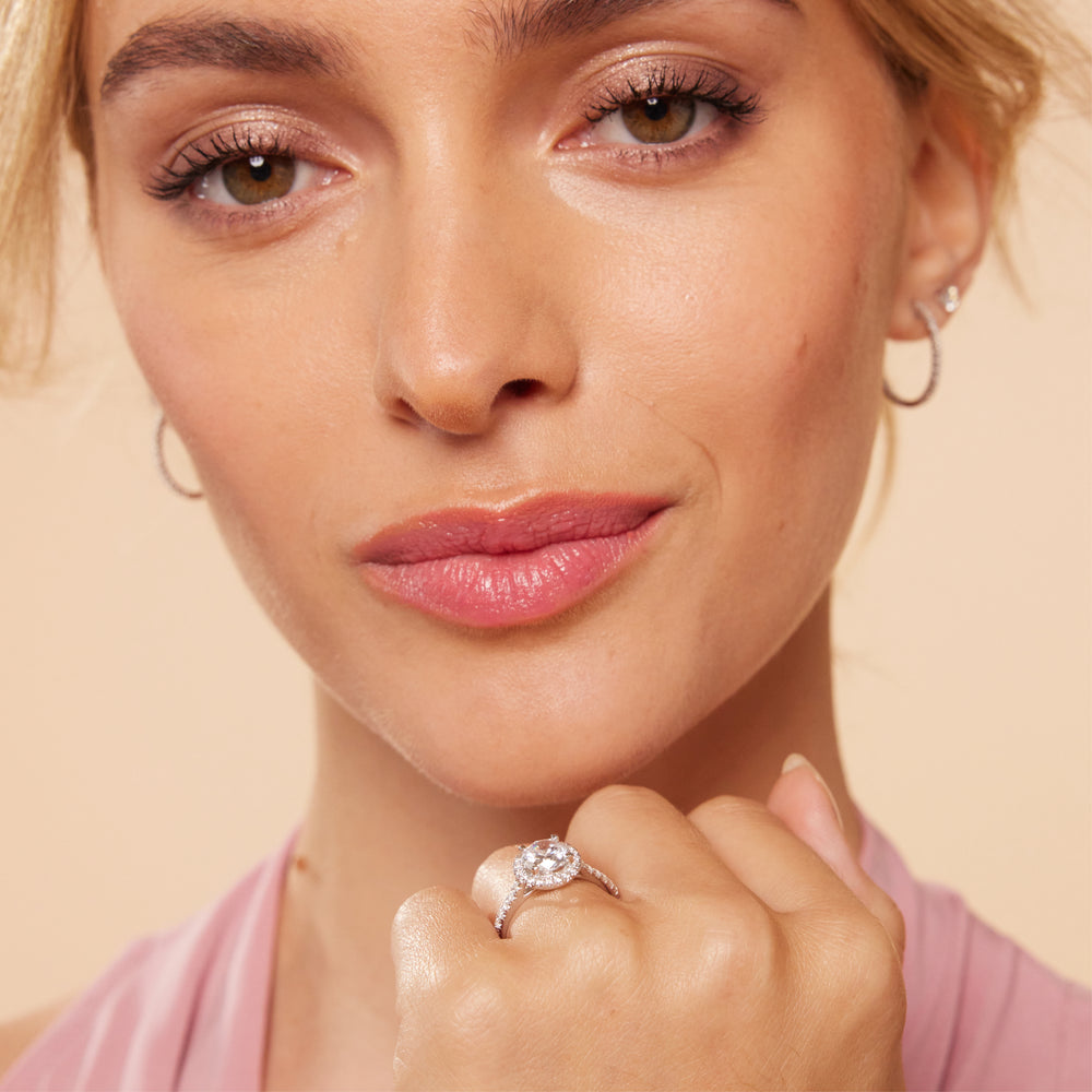 Model Wearing Halo Cathedral Studded Engagement Ring with Lab Grown Diamond view