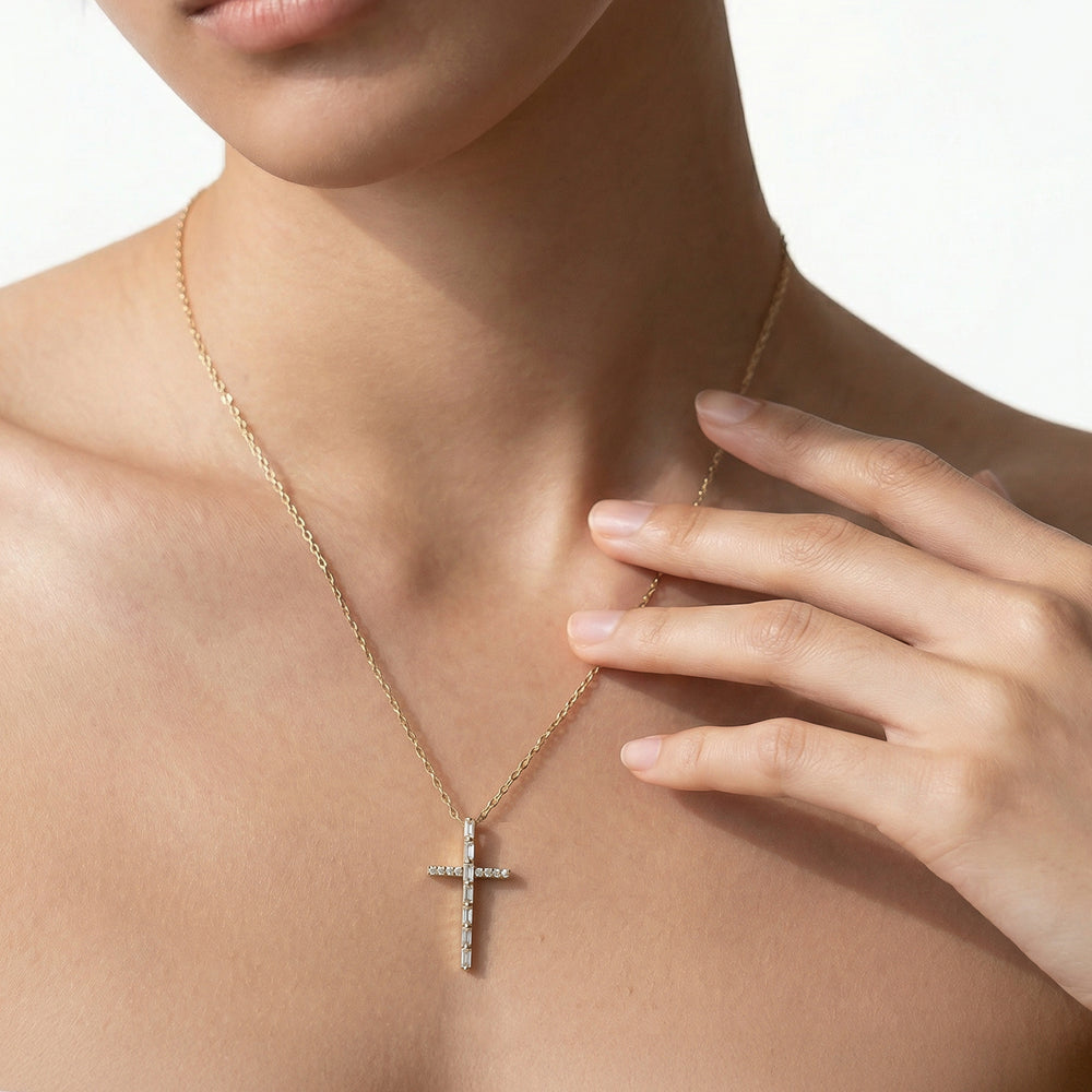 The Elle Cross Necklace with 18K Yellow Gold Vermeil / Lab / 1/5 Cut Diamond in 14KT 18K Yellow Gold Vermeil / Lab / 1/5 view 2
