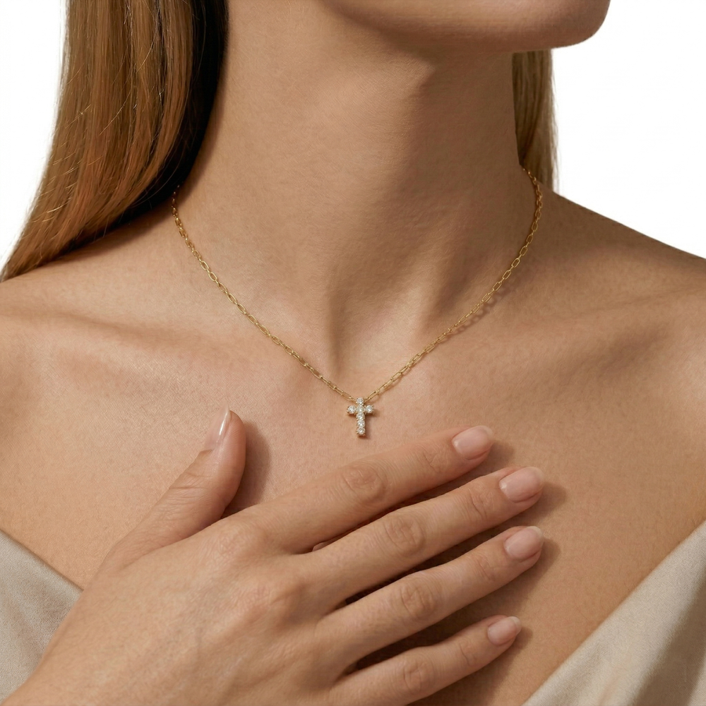 The Elizabeth Cross Necklace with 14KT Yellow Gold / Lab Cut Diamond in 14KT Yellow Gold / Lab view 3
