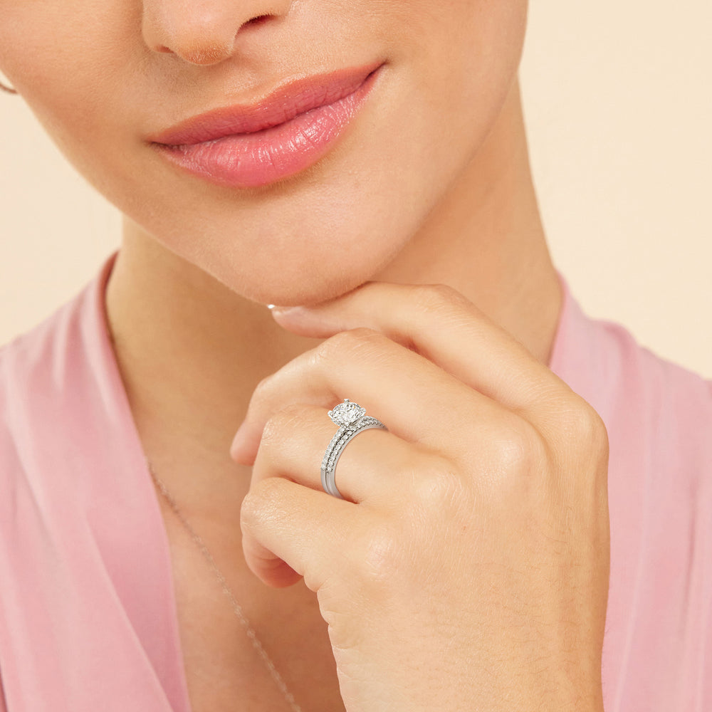 Model Wearing Arc Hidden Halo Diamond Wedding Band Size 4.75 view