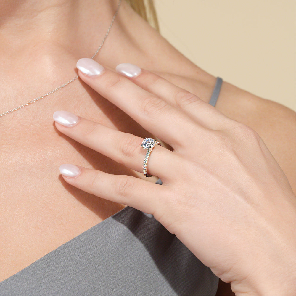 Model Wearing Vela Medi Traditional Pave Diamond Engagement Ring view