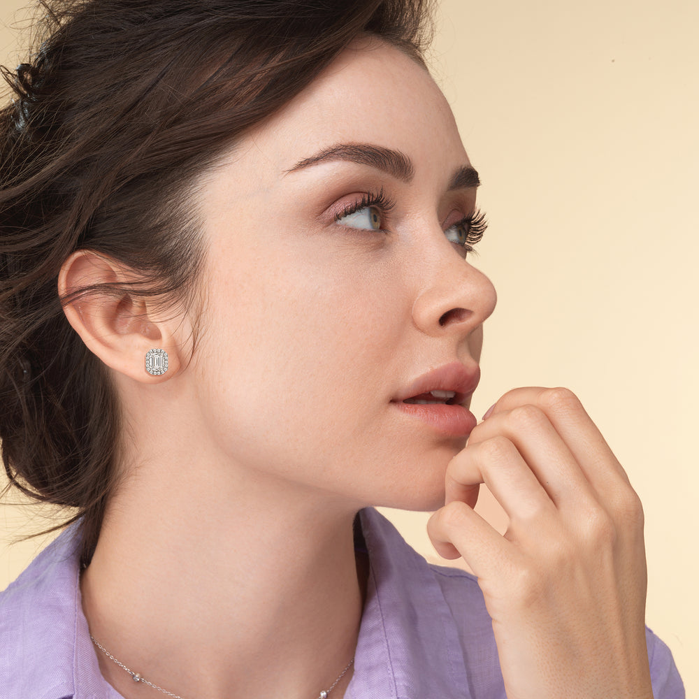 Emerald Diamond Halo Earrings with 14KT Yellow Gold / Lab / 3 1/2 Cut Diamond in 14KT Yellow Gold / Lab / 3 1/2 view 3
