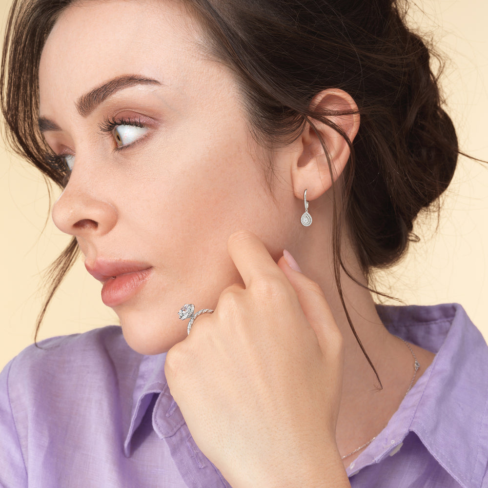 Model Wearing Double Halo Pear Drop Studded Lever Back Earrings view
