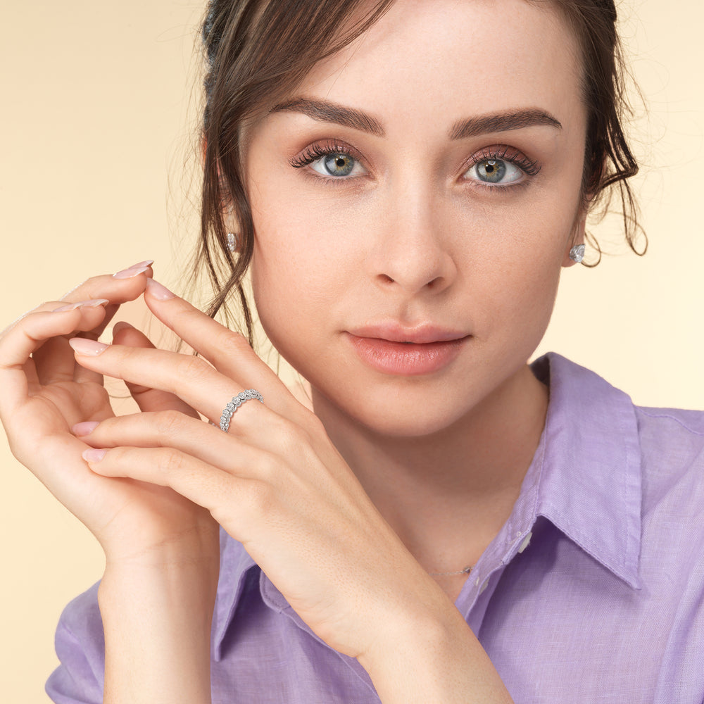 Model Wearing Scalloped Compass Prong Diamond Eternity Ring (F/G SI+) view
