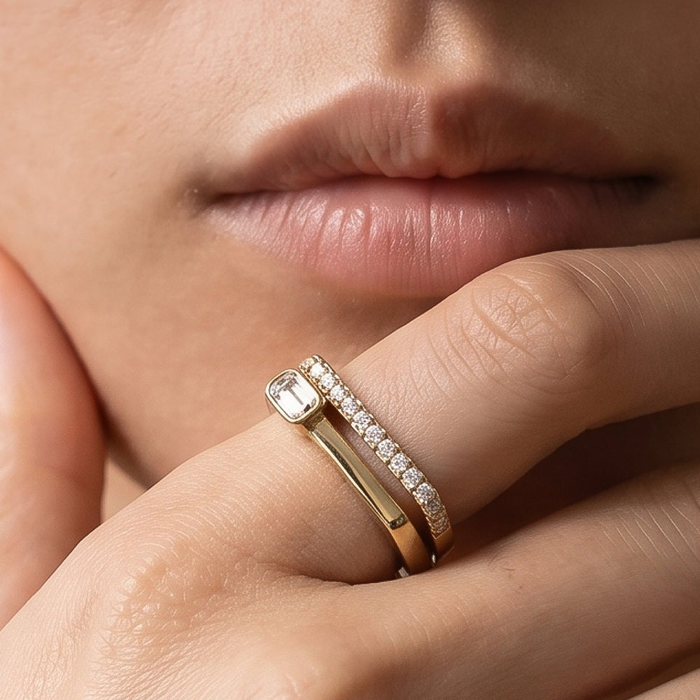 The Scottie Emerald Stacker Ring with 18K Yellow Gold Vermeil / 1/10 / 6 Cut Diamond in 14KT 18K Yellow Gold Vermeil / 1/10 / 6 view 4
