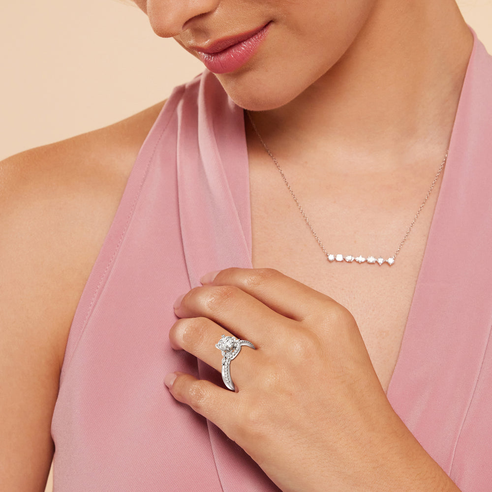 Model Wearing Marquise Accent Knife Edge Solitaire Diamond Wedding Band view