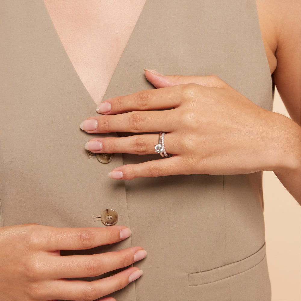 Model Wearing Aura Studded Crescent Shank Hidden Halo Solitaire Ring with Lab Grown Diamond view