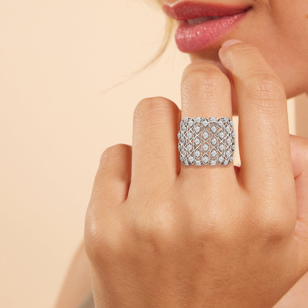 Model Wearing Statement Diamond Broad Ring Size 7 view