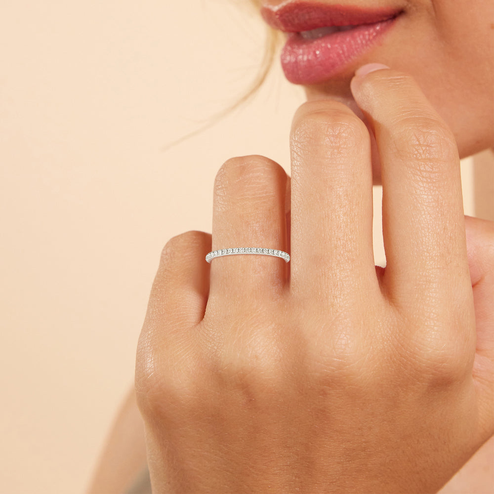 Model Wearing Cathedral Halo Diamond Wedding Band Size 6.75 view
