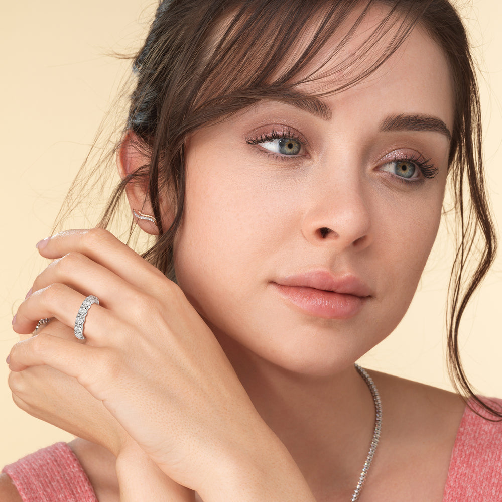 Model Wearing Micro Pave Accent Round Diamond Eternity Ring view