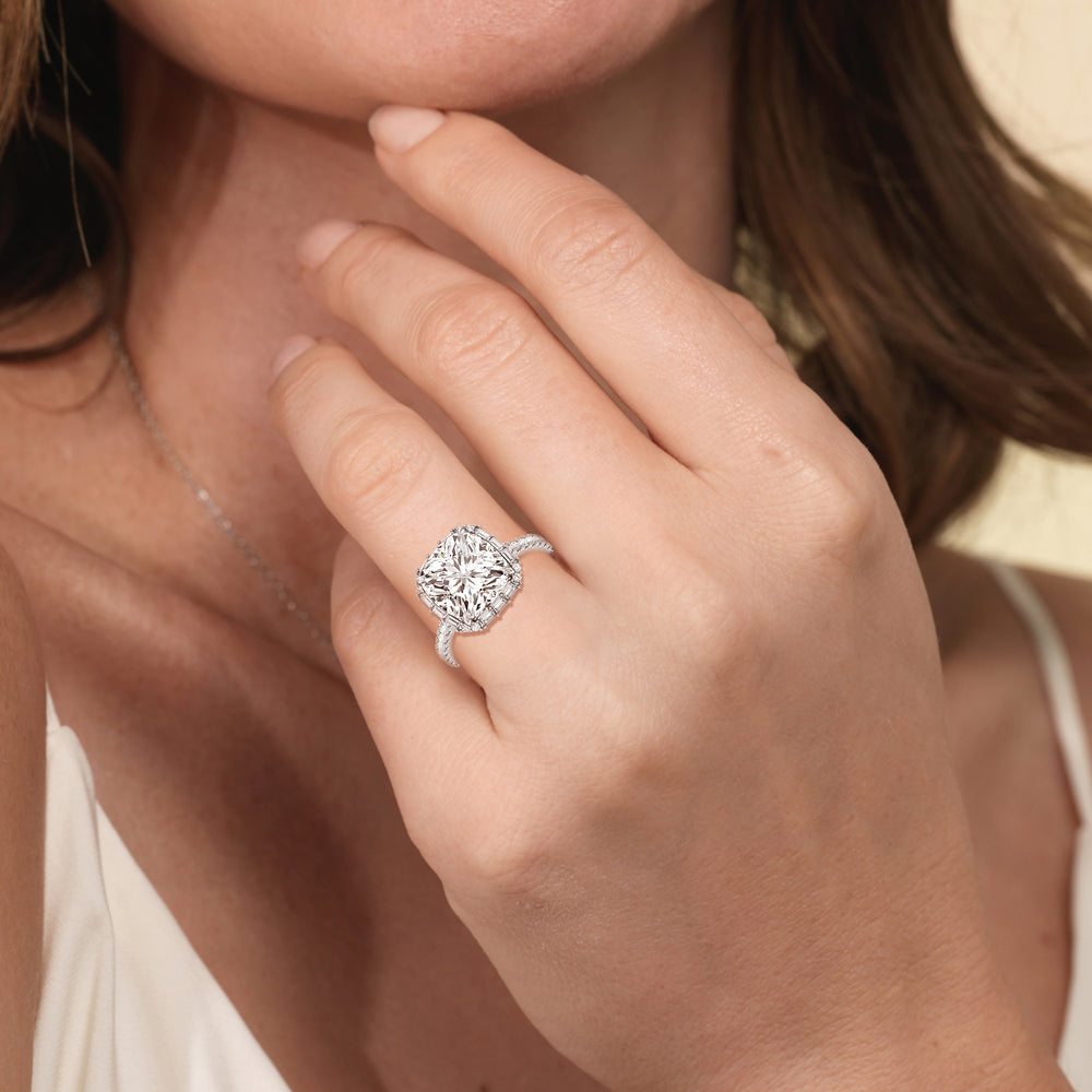 Model Wearing Elegance Baguette Halo Pave Engagement Ring view