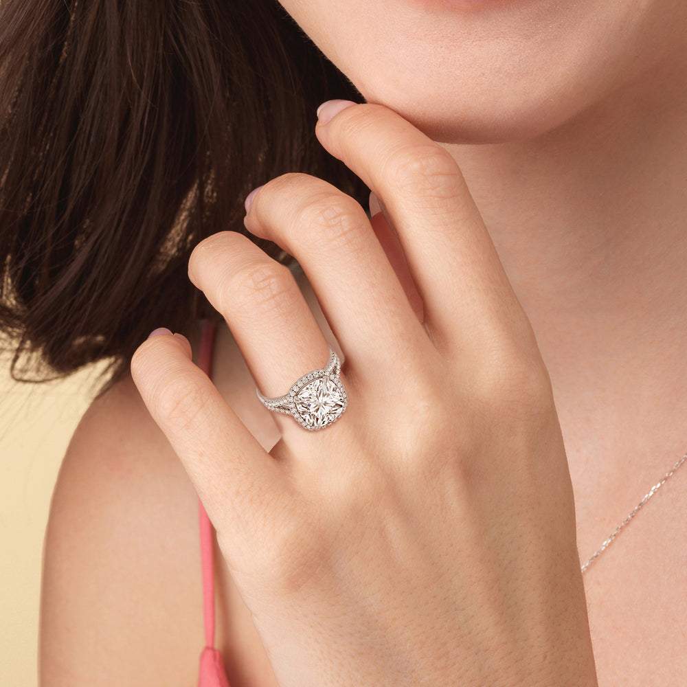 Model Wearing Elegance Split Shank Halo Engagement Ring view