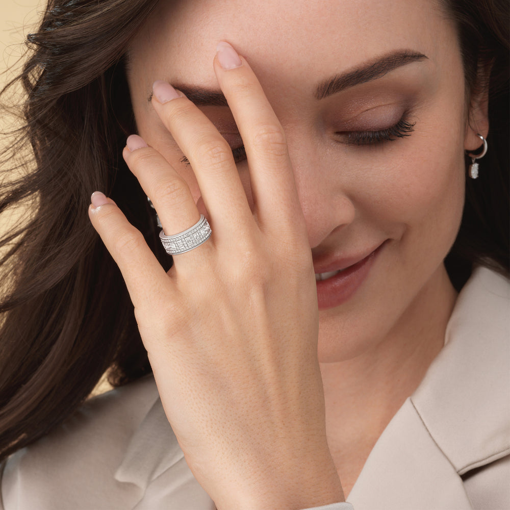 Model Wearing Luxe Princess Cut Diamond Halo Anniversary Ring view